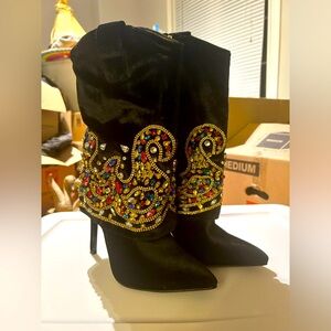 Black velvet Bejewelled heeled boots